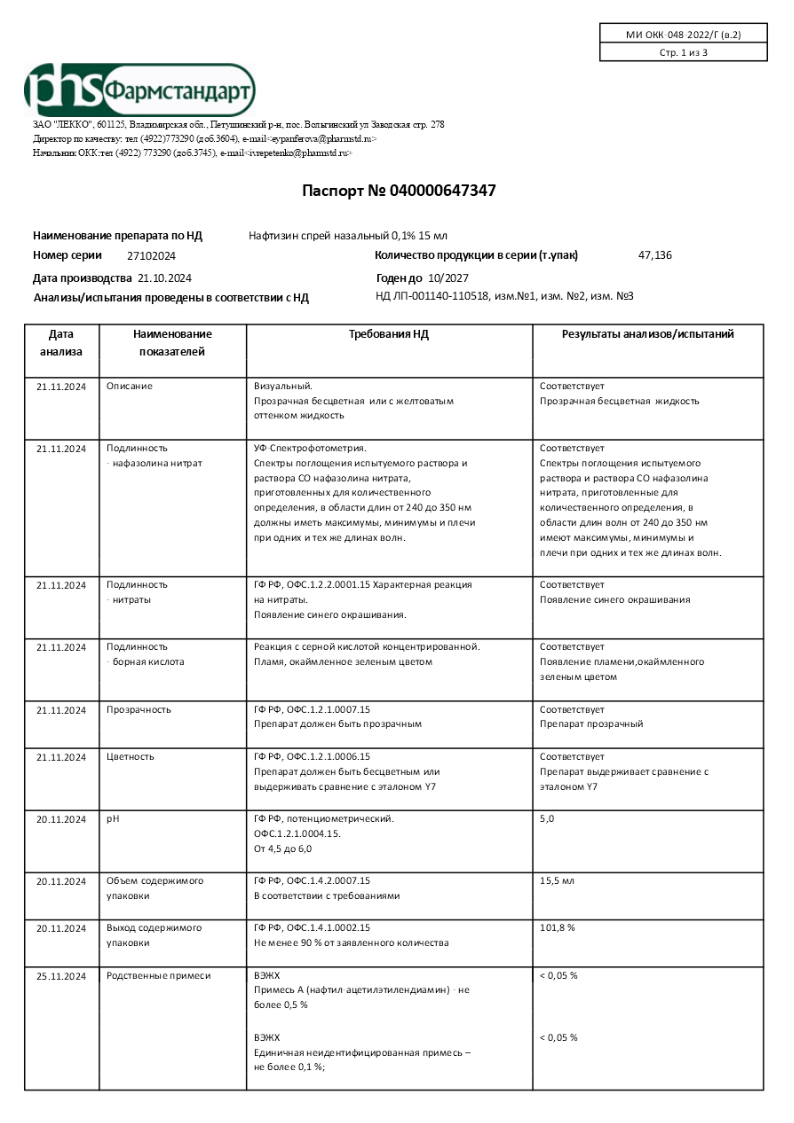 Сертификат на Нафтизин, спрей назальный 0.1%, 15 мл