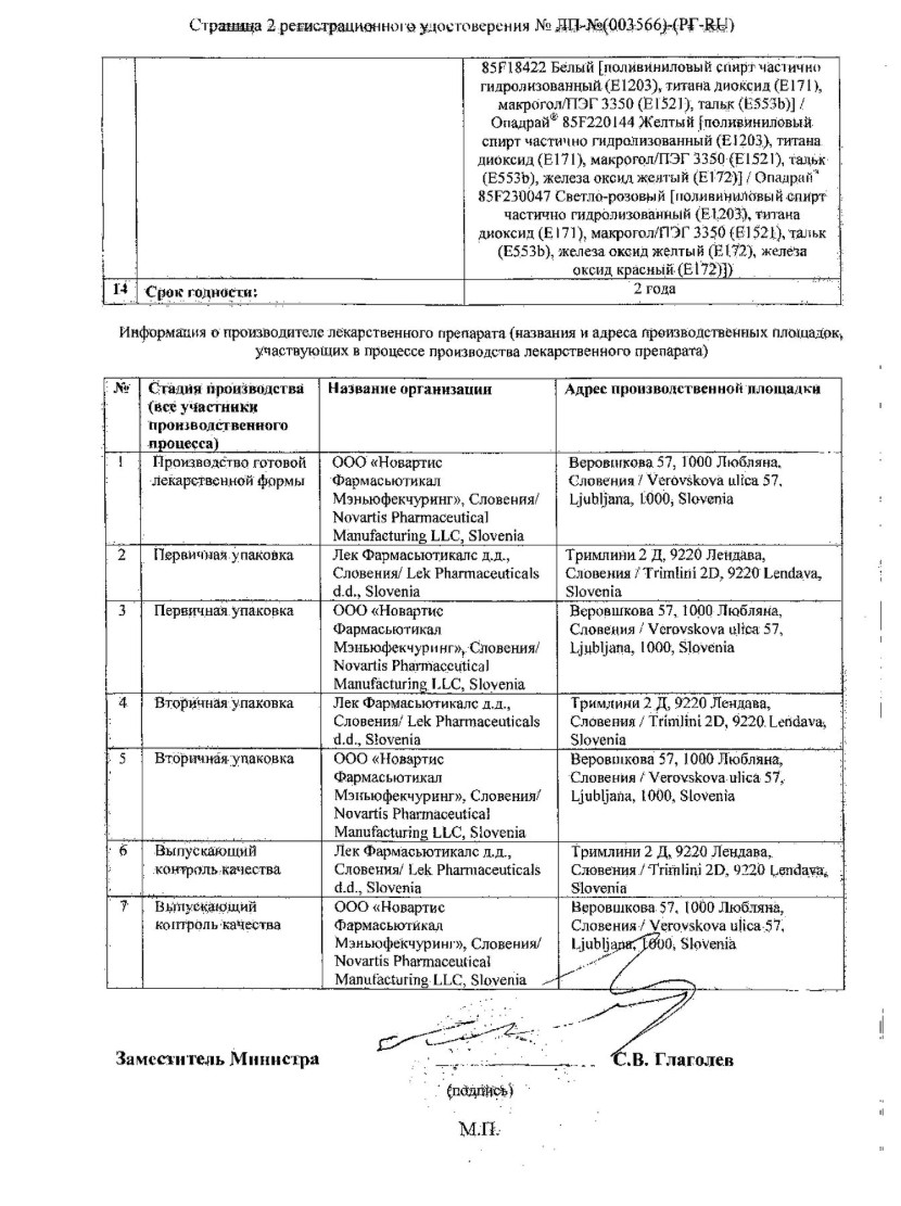 Сертификат на Амлодипин +Олмесартана медоксомил Сандоз, таблетки п/о пленочной 5 мг+40 мг, 28 шт.