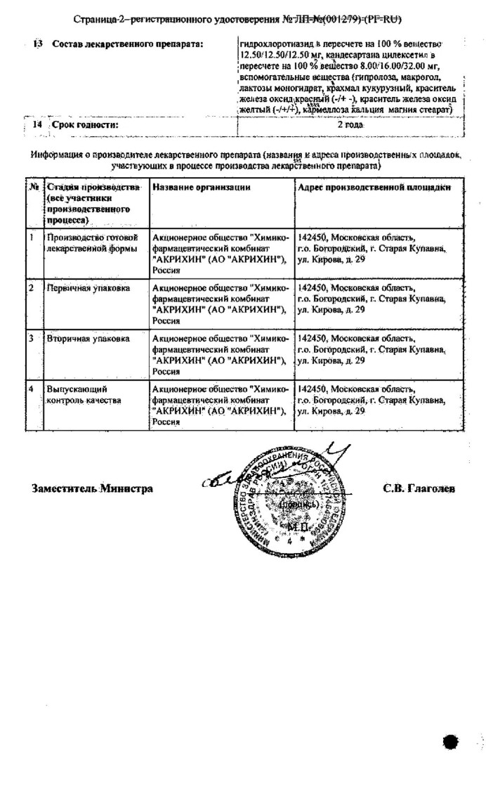 Сертификат на Гипосарт Н, таблетки 12,5 мг +8 мг, 30 шт.