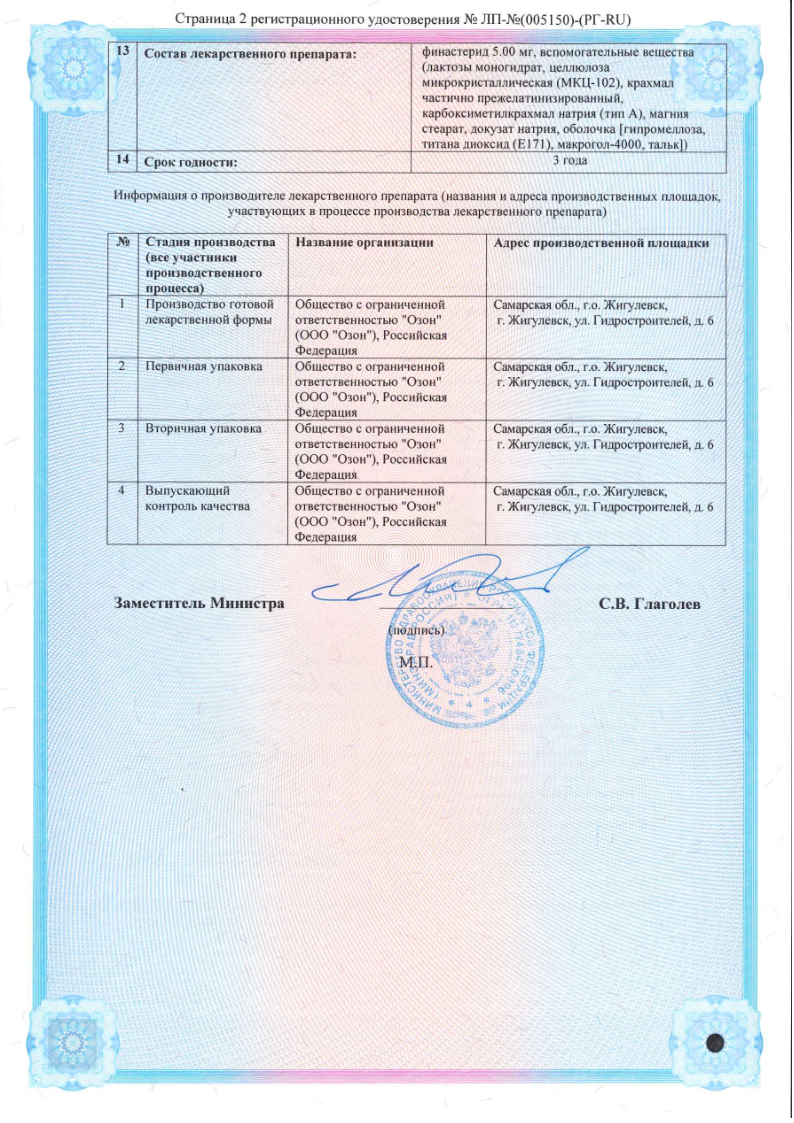 Сертификат на Финастерид таблетки покрыт. плен. об. 5 мг, 30 шт.