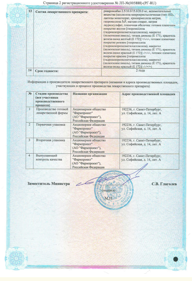Сертификат на Ривароксабан, таблетки покрытые пленочной оболочкой 15 мг, 98 шт.