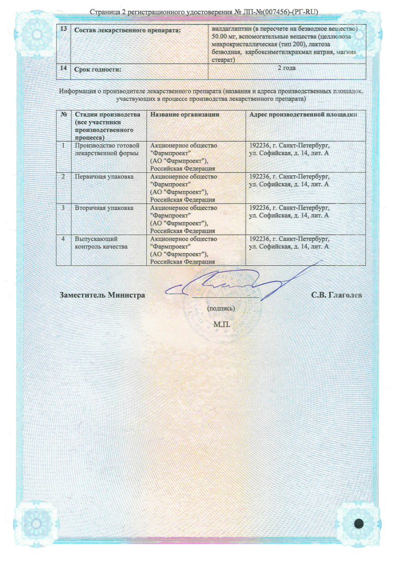 Сертификат на Вилдаглиптин таблетки 50 мг, 56 шт.