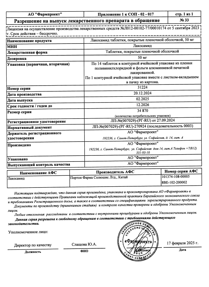 Сертификат на Лакосамид, таблетки покрытые пленочной оболочкой 50 мг, 14 шт.