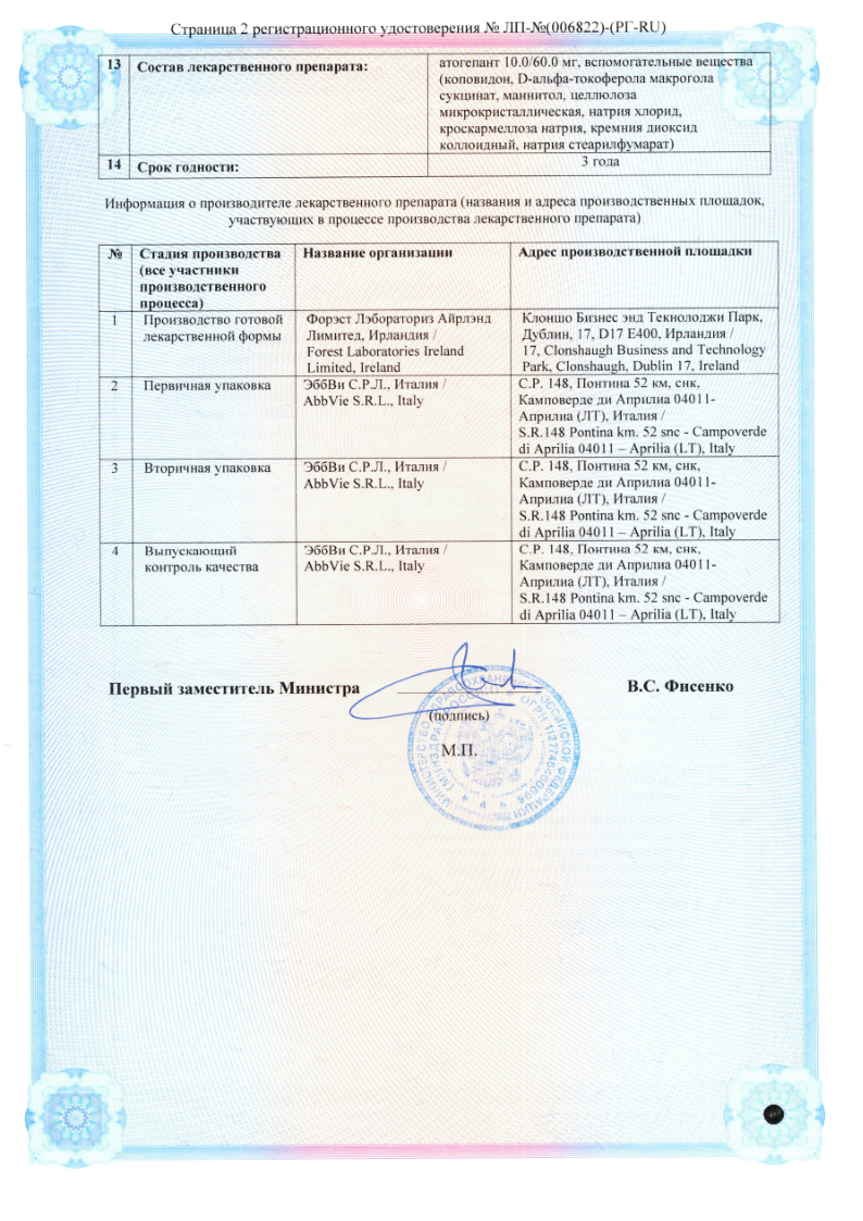 Сертификат на Кьюлипта, таблетки 10 мг, 28 шт.