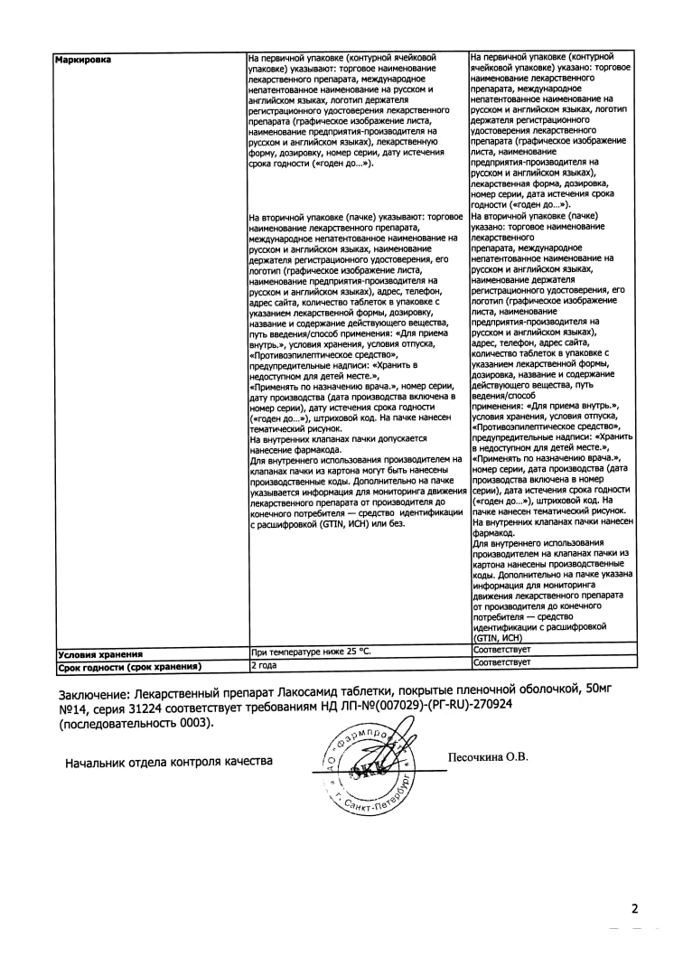 Сертификат на Лакосамид, таблетки покрытые пленочной оболочкой 100 мг, 14 шт. 