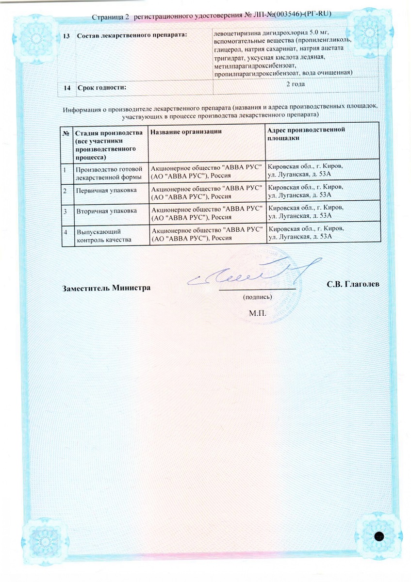 Сертификат на Левоцетиризин АВВА, капли для приема внутрь 5мг/мл, 20 мл