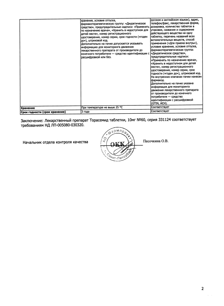 Сертификат на Торасемид таблетки 10 мг, 60 шт.