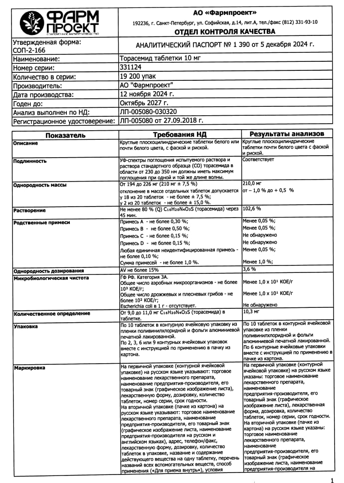 Сертификат на Лерканидипин, таблетки покрытые пленочной оболочкой, 10 мг, 60 шт.