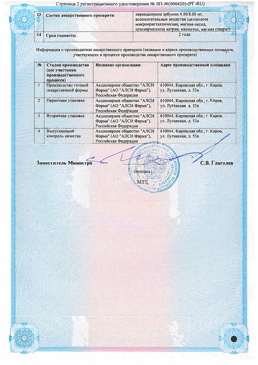 Сертификат на Периндоприл-АЛСИ, таблетки 8 мг, 30 шт.