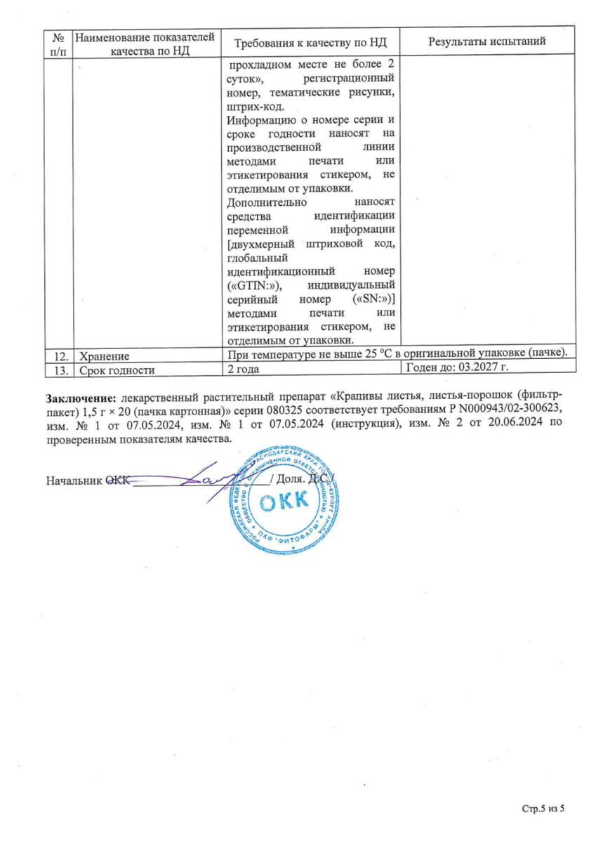 Сертификат на Крапива листья, фильтр-пакеты 1,5 г, 20 шт.