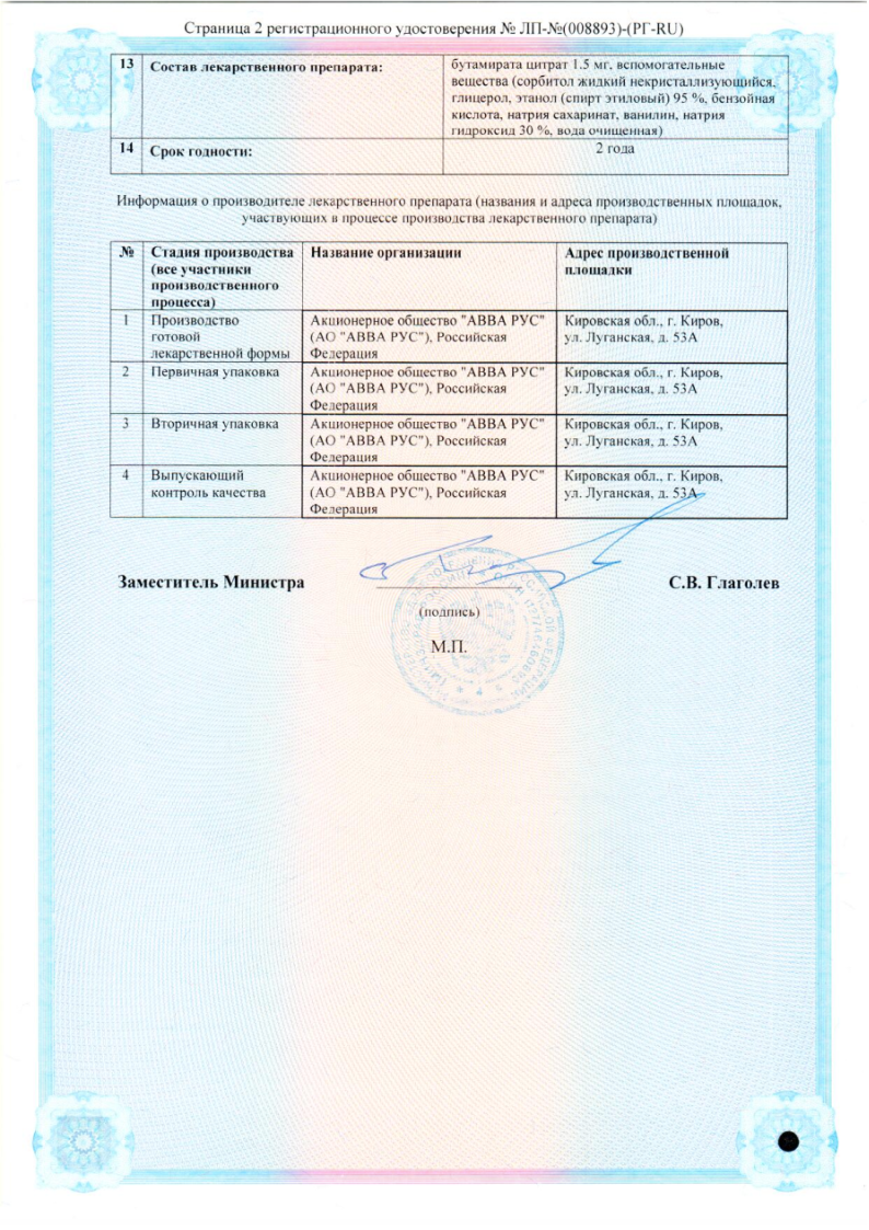 Сертификат на Бутамират АВВА, раствор для приема внутрь 1,5 мг/мл флакон 200 мл, 1 шт.