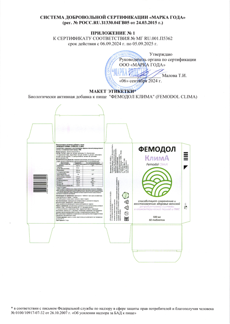 Сертификат на Фемодол Клима таблетки 500 мг, 60 шт.