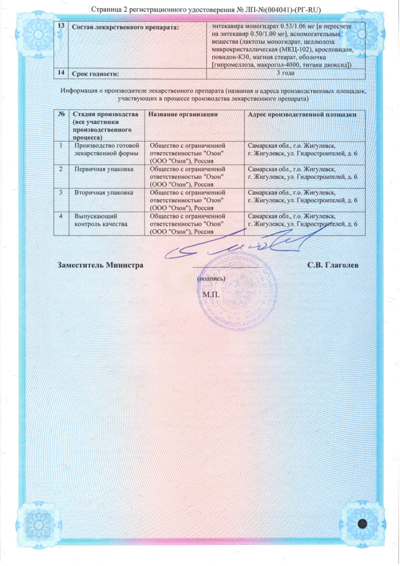 Сертификат на Энтекавир, таблетки покрыт. плен. об. 0,5 мг (Озон), 30 шт.