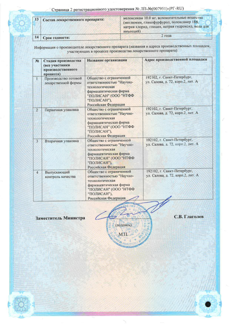 Сертификат на Мелоксикам Полисан, раствор для внутримышечного введения 10 мг/мл ампулы 1,5 мл, 5 шт.