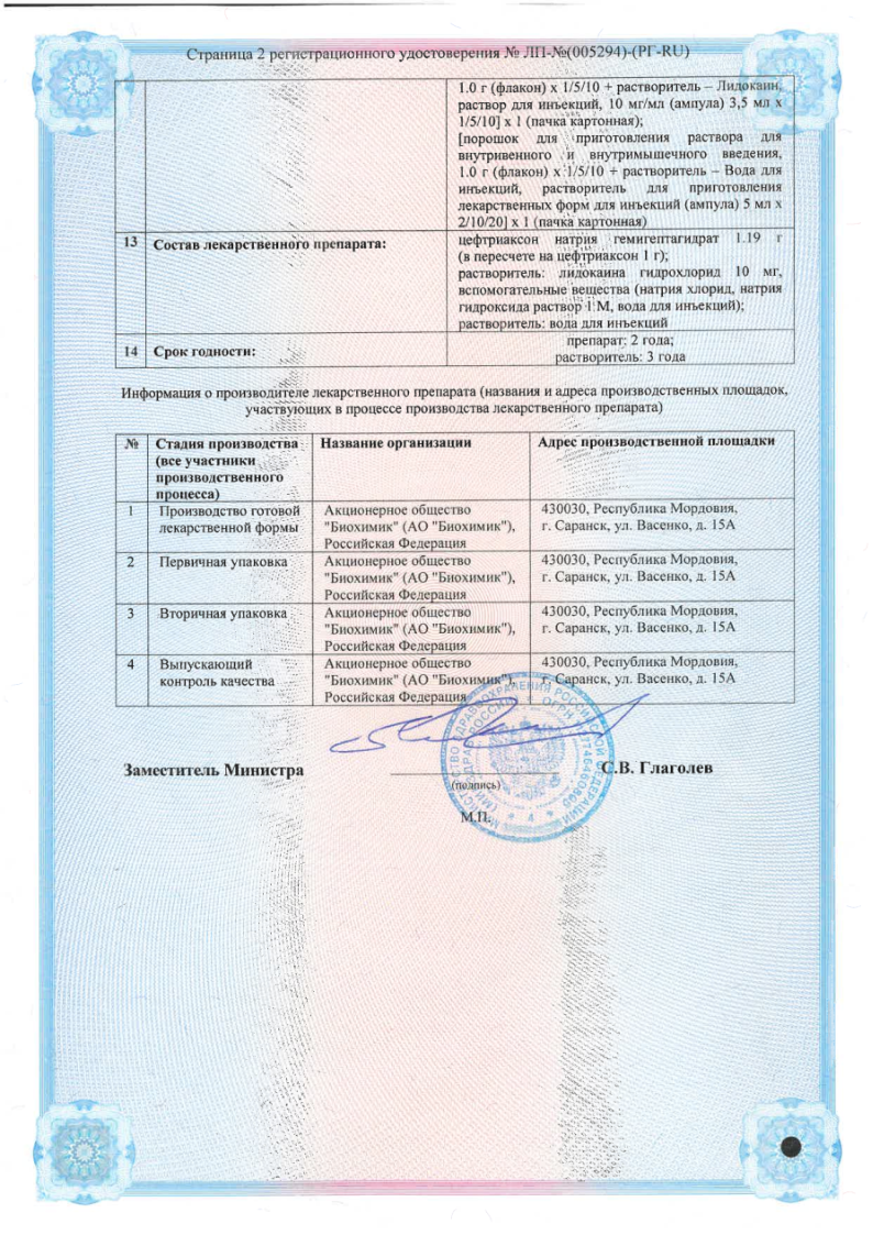 Сертификат на Цефтриаксон, порошок, 1 г (Биохимик)