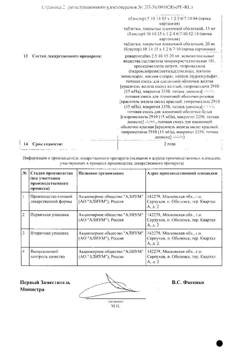 Сертификат на Ривароксабан, таблетки покрытые пленочной оболочкой 10 мг, 98 шт.