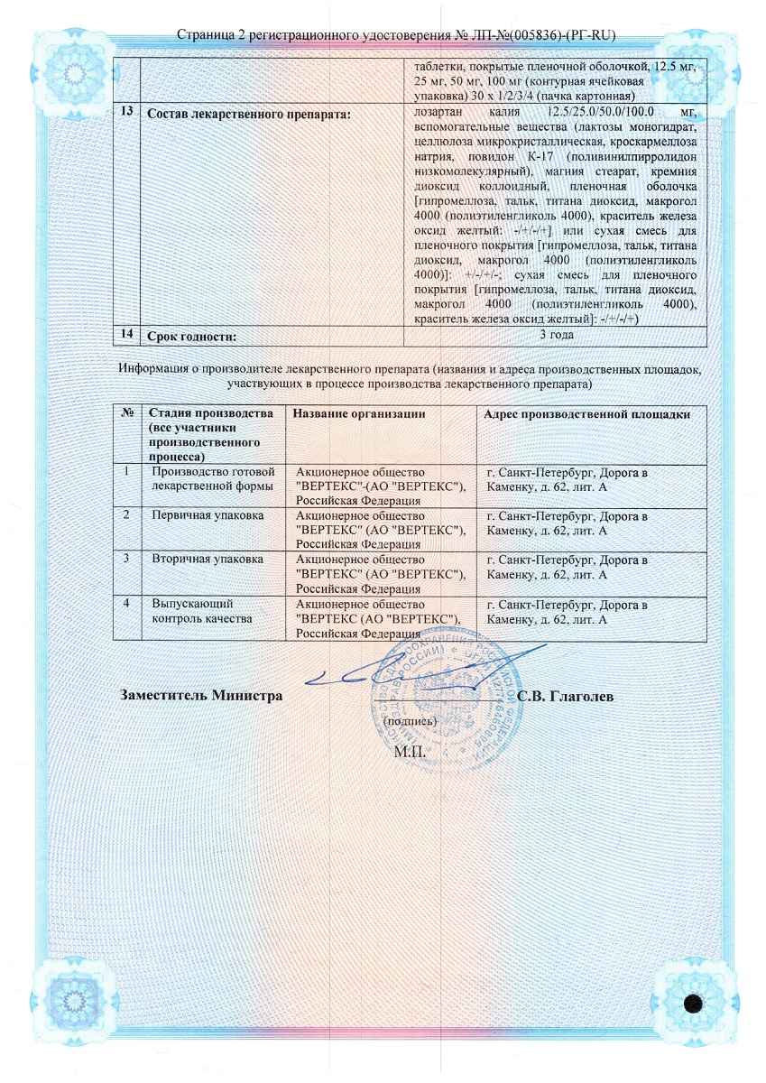 Сертификат на Лозартан-Вертекс таблетки, покрытые пленочной оболочкой 50 мг, 120 шт.