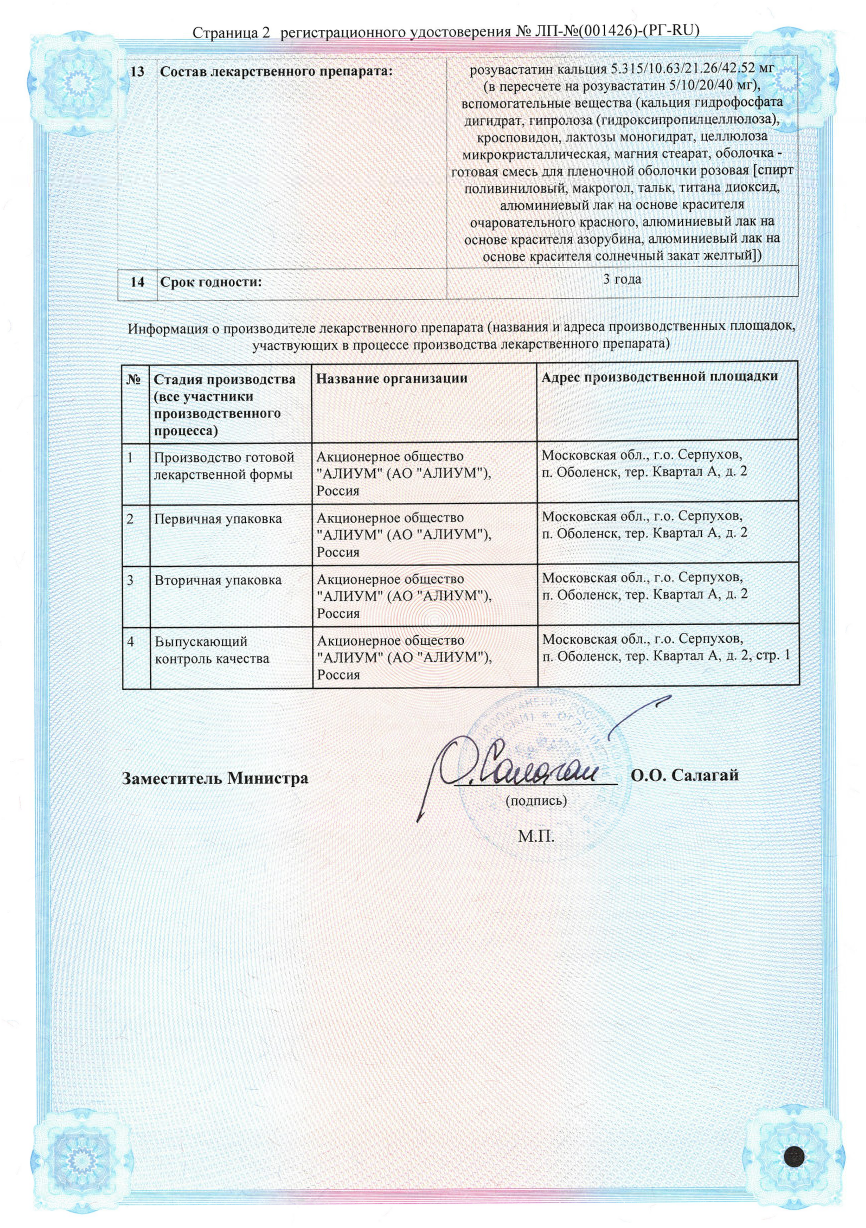 Сертификат на Розувастатин-Алиум, таблетки 10 мг, 90 шт.