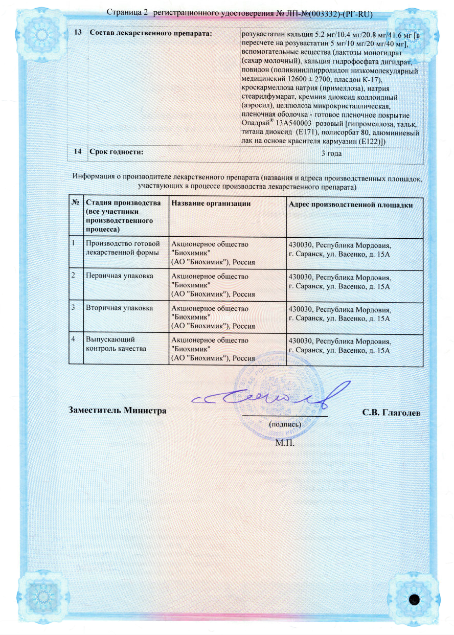 Сертификат на Розувастатин таблетки, покрытые пленочной оболочкой 20 мг, 30 шт. (Биохимик)