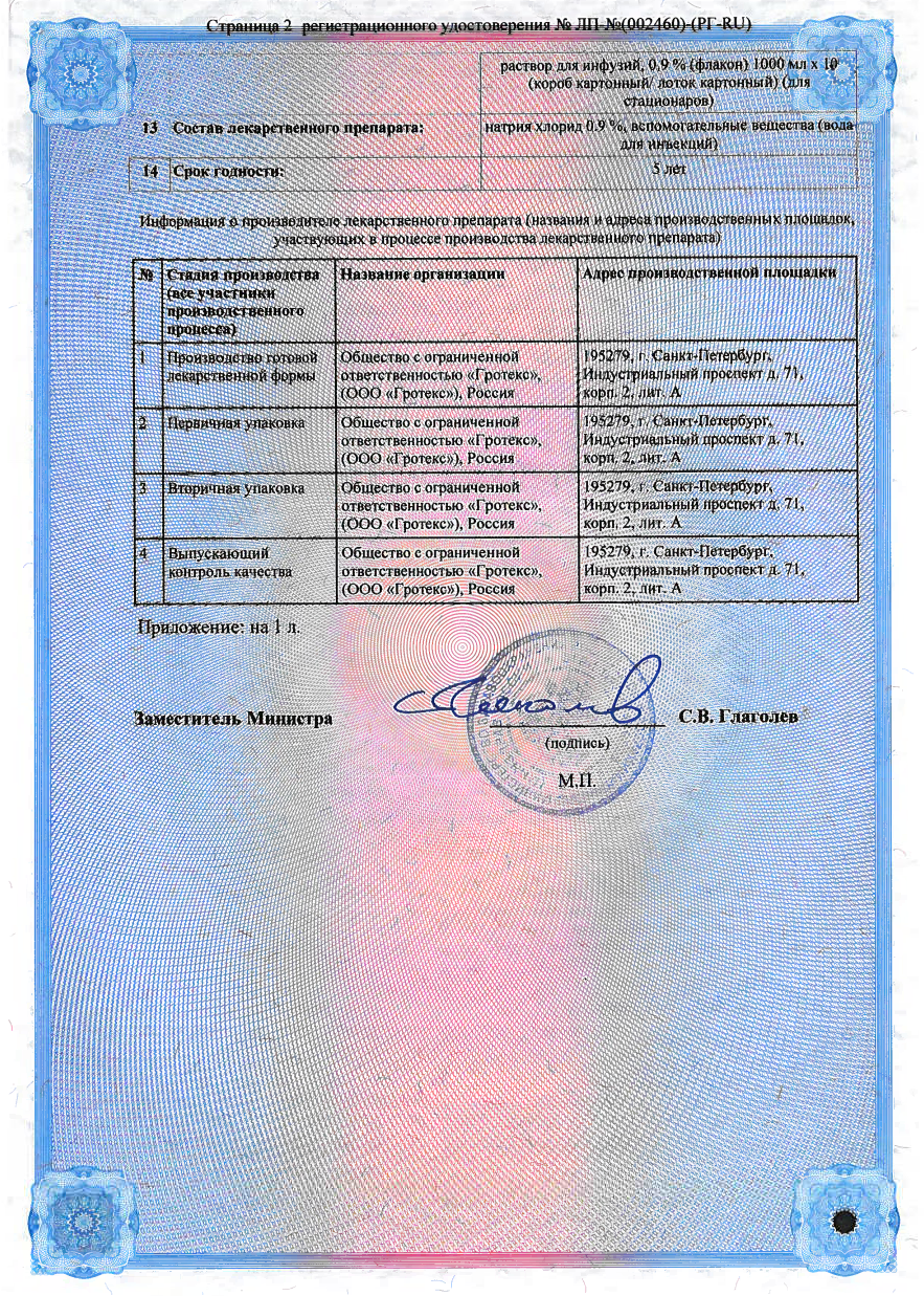 Сертификат на Натрия хлорид-СОЛОфарм, раствор 0.9%, 200 мл