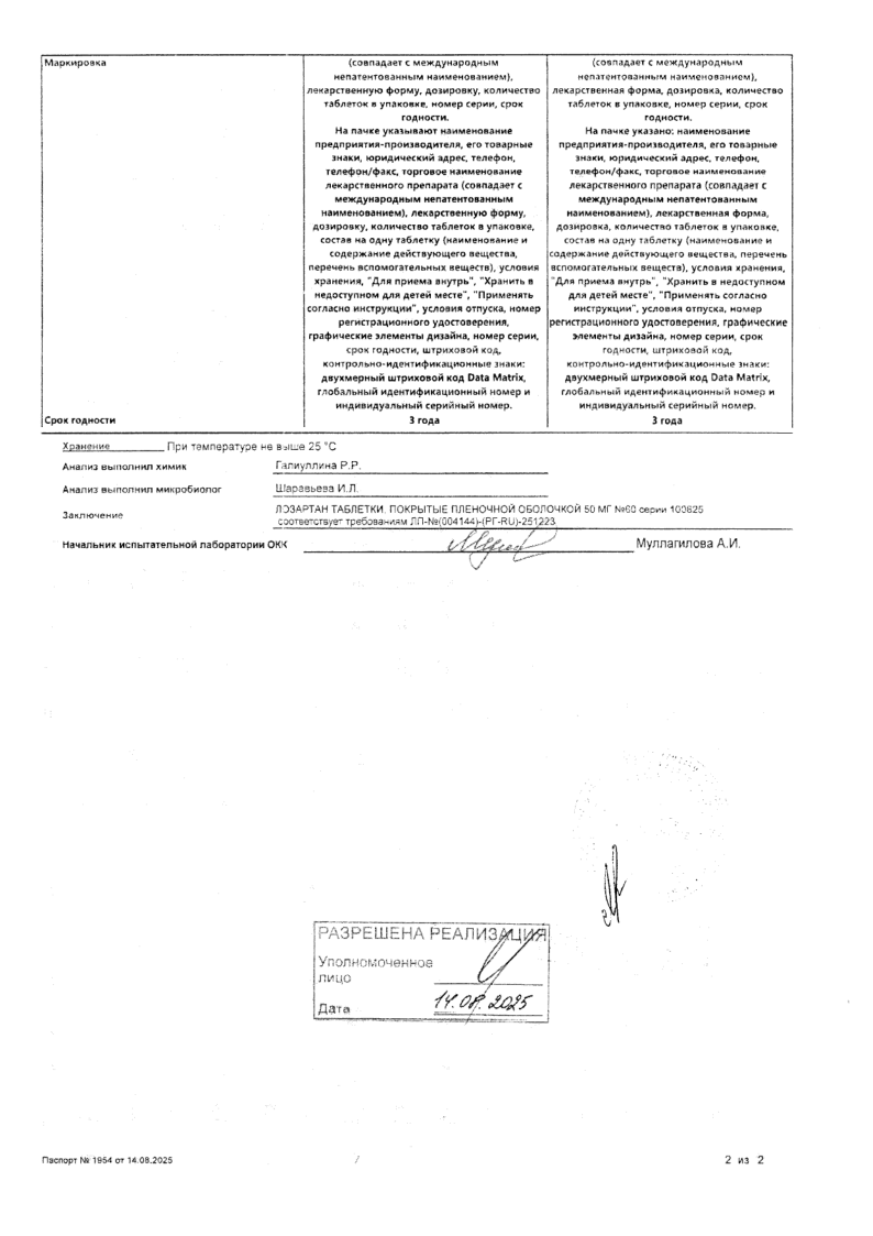 Сертификат на Лозартан, таблетки покрыт. плен. об. 50 мг, 60 шт. (Татхимфармпрепараты)