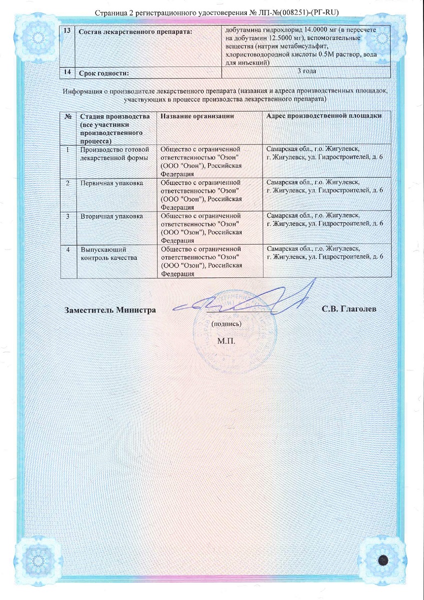 Сертификат на Добутамин, конц д/р-ра д/инфуз 12,5 мг/мл ампулы 10 мл, 10 шт.