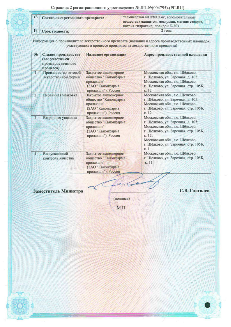 Сертификат на Телмисартан Кронофарм, таблетки 40 мг, 28 шт.