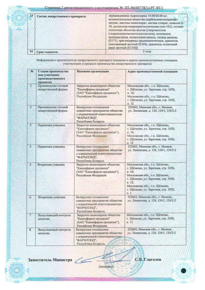 Сертификат на Лерканидипин Кроно, таблетки покрыт. плен. об. 10 мг, 30 шт.
