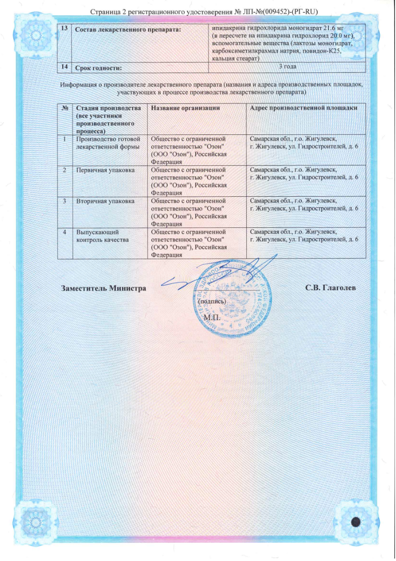 Сертификат на Ипидакрин, таблетки 20 мг, 50 шт.