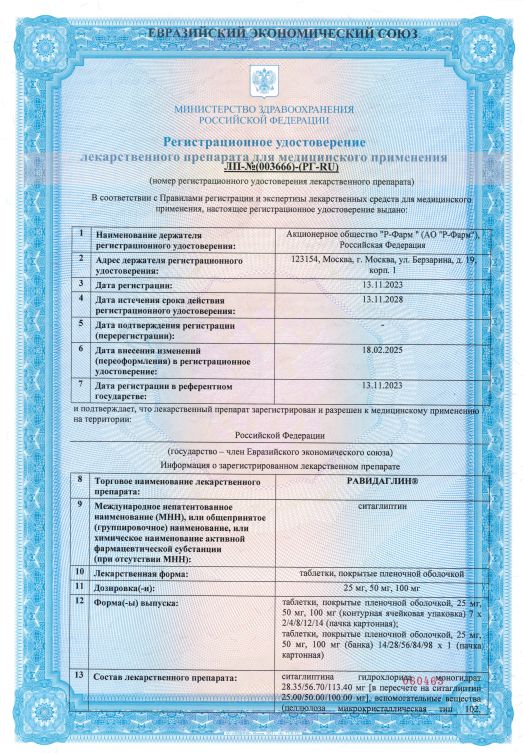 Сертификат на Равидаглин, таблетки покрыт. плен. об. 100 мг, 28 шт.