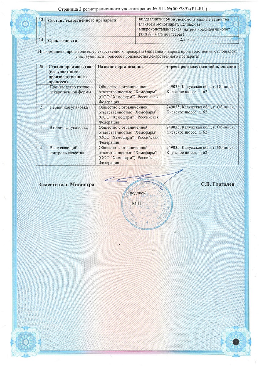 Сертификат на Вилдаглиптин, таблетки 50 мг, 28 шт.