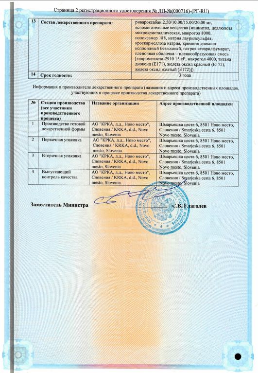 Сертификат на Ривароксия таблетки, покрытые пленочной оболочкой 20 мг, 90 шт.