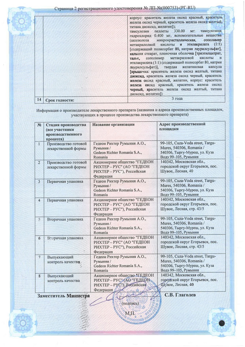 Сертификат на Сонизин, капсулы с модифицированным высвобождением 0.4 мг, 30 шт.