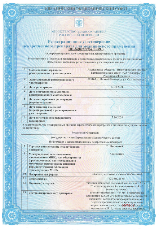 Сертификат на Випидия, таблетки, покрытые пленочной оболочкой 12,5 мг, 28 шт.