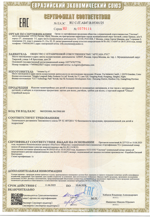 Сертификат на Детские предметы гигиены